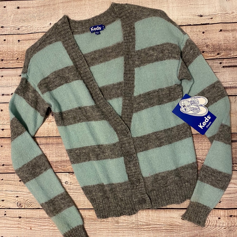 NWT Keds Green Gray Striped Cardigan Sweater